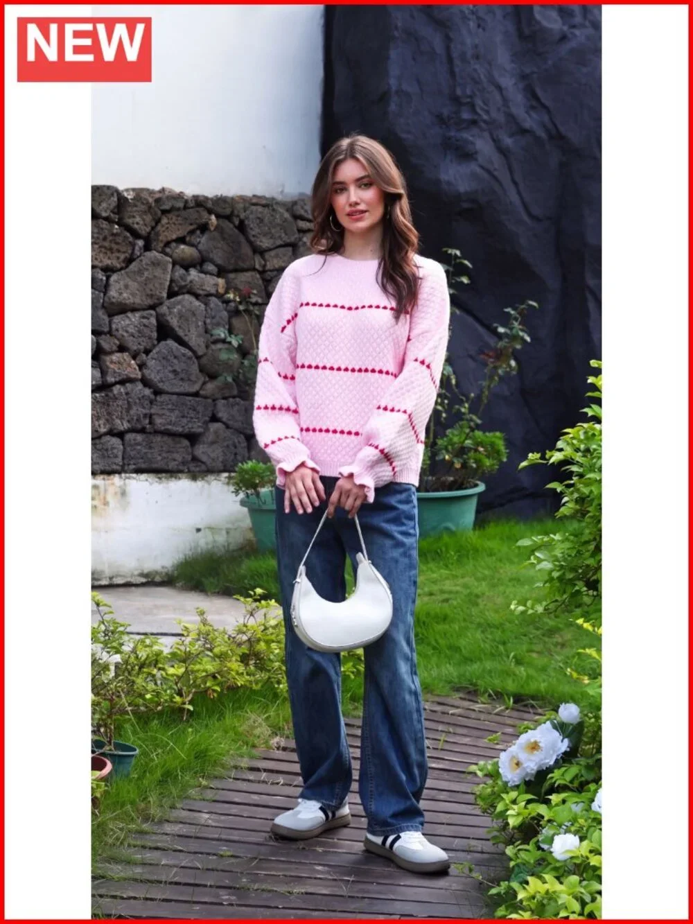 Oversized Chunky Heart Pattern Crew Neck Lantern Sleeve Pullover Sweater